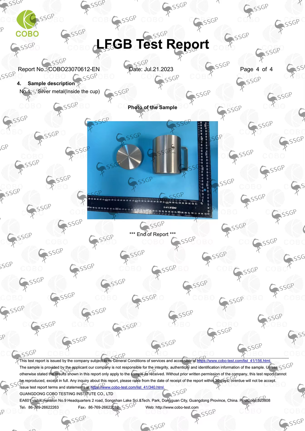 LFGB test report page 4 of 4 – photo of tested SSGP mug and lid