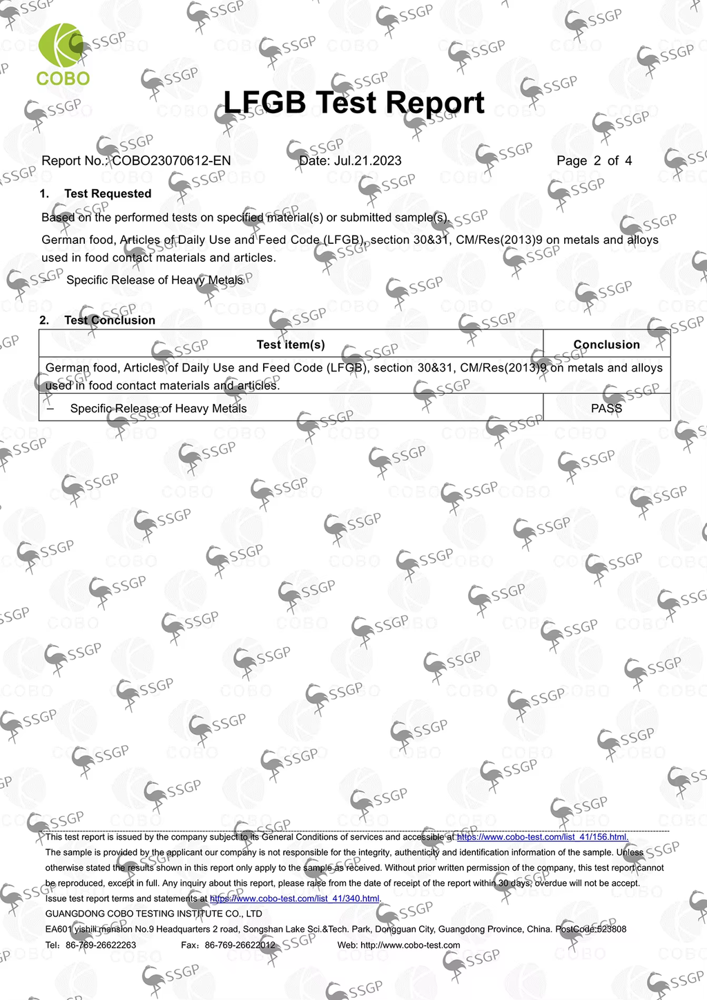 LFGB test report page 2 of 4 – specific release of heavy metals: PASS