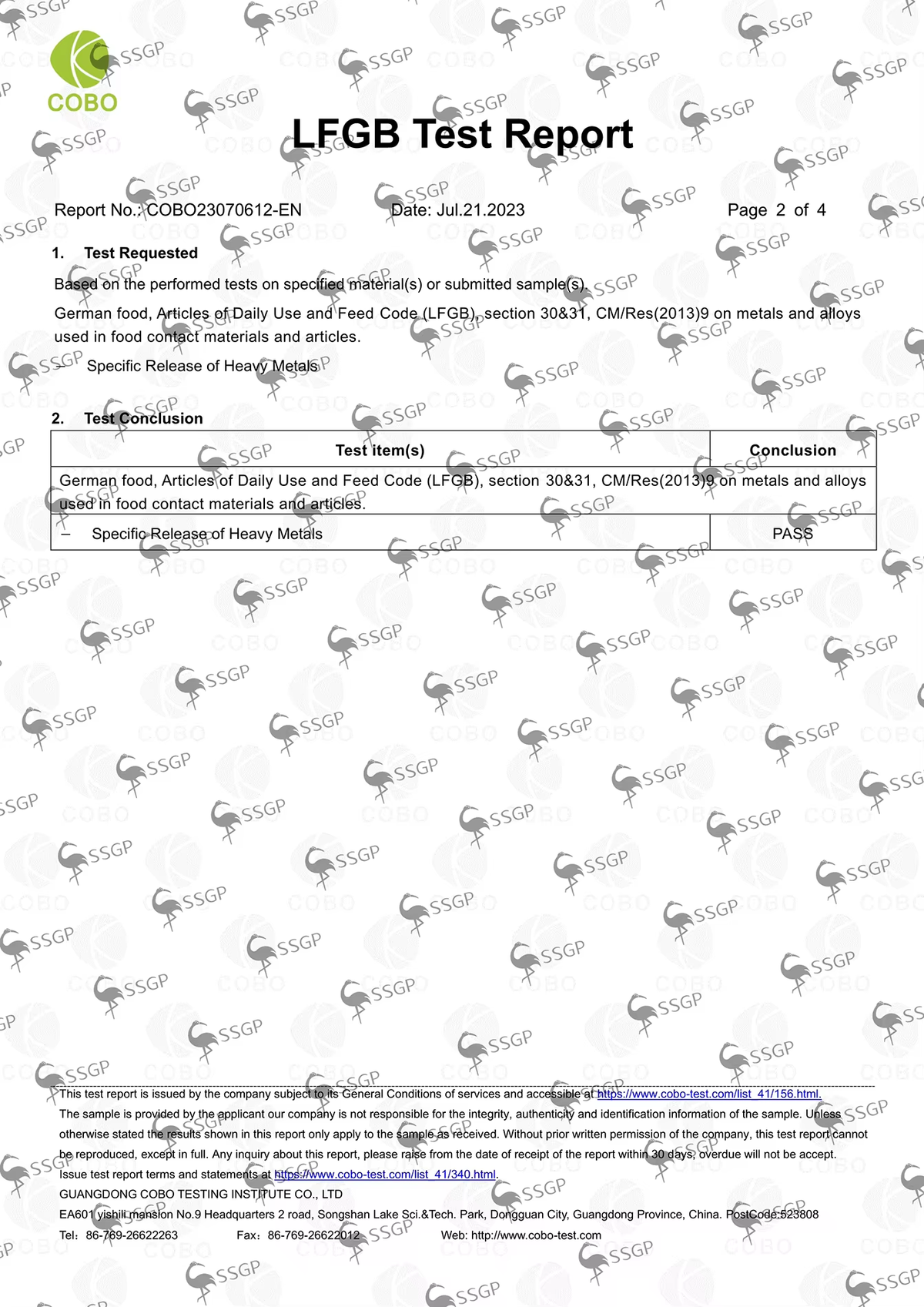 LFGB test report page 2 of 4 – specific release of heavy metals: PASS